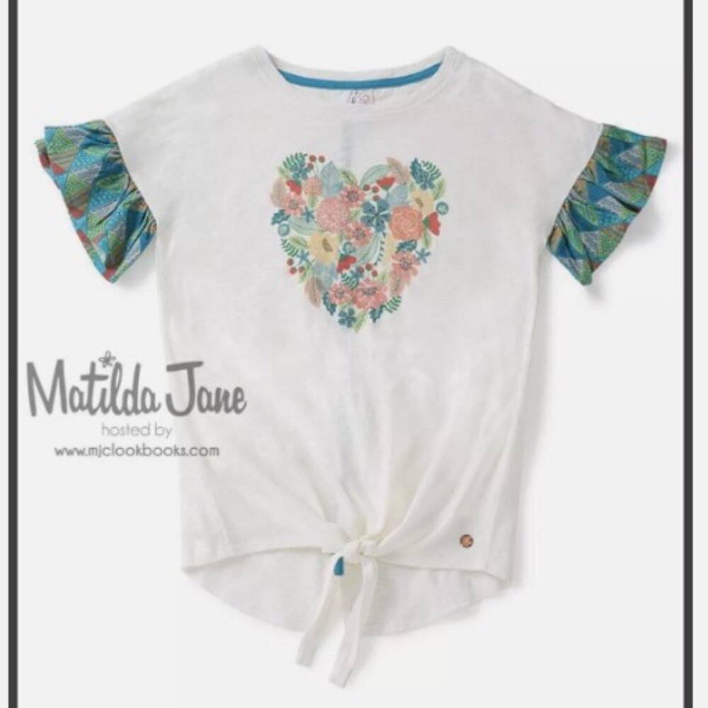 Matilda Jane NWOT Camp MJC Steer Me Tee White Ruffle Sleeve Heart Size 14